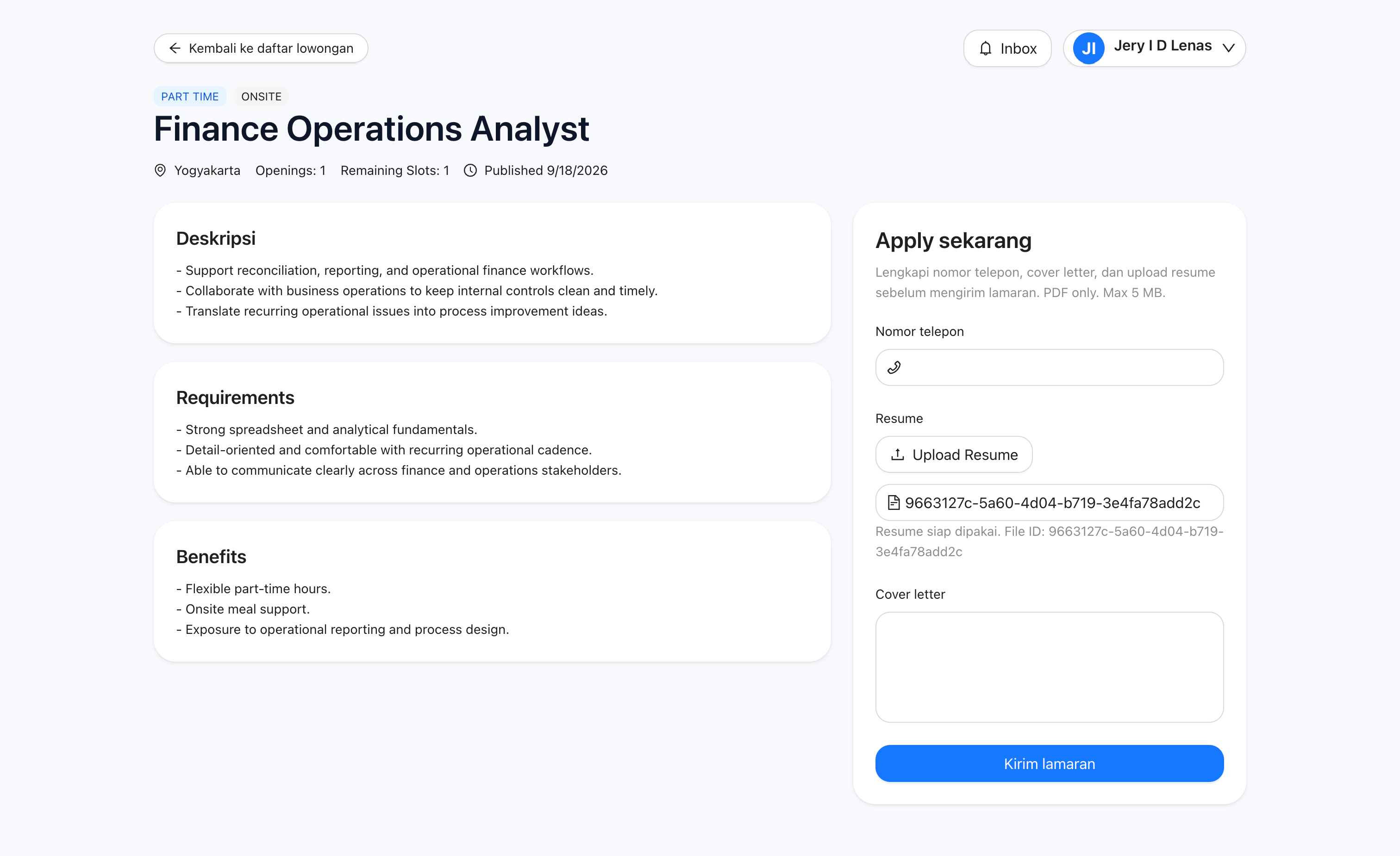 Job Posting Platform Job detail and apply entry